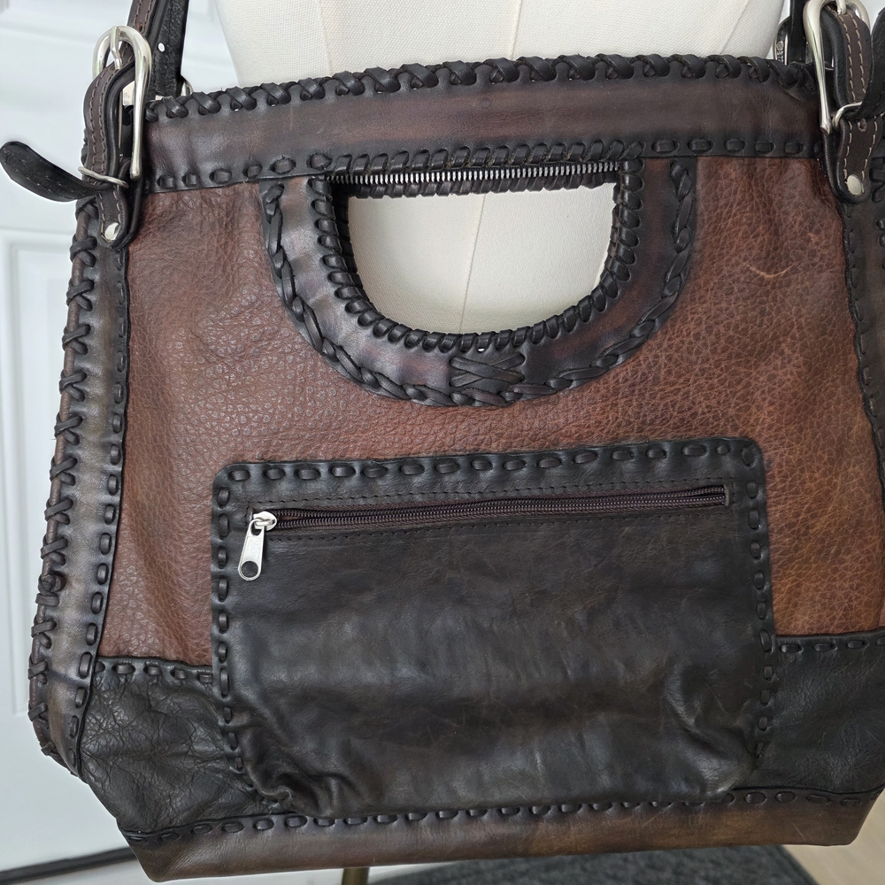 Hand Crafted Brown Two-Tone Leather Shoulder Bag with Weave Trim
